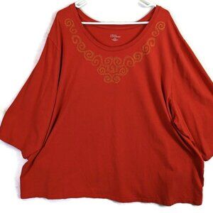 Catherines Liz Me Women Top Plus size 5X Red 3/4 Sleeve Cotton Casual Pullover